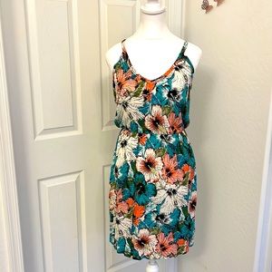 H&M Mini Dress Womens Size S white green pink Floral Spaghetti Strap Tropical